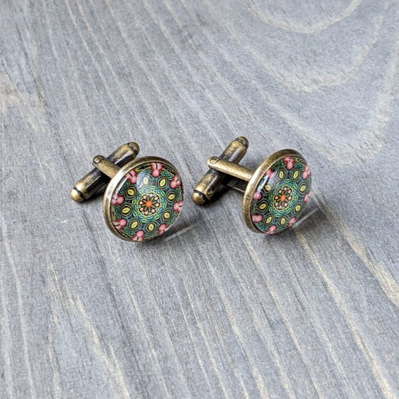 Glass Dome Cuff Links with Green Kaleidoscope Pattern, Antiqued-Bronze Plated - Picture 11 of 16